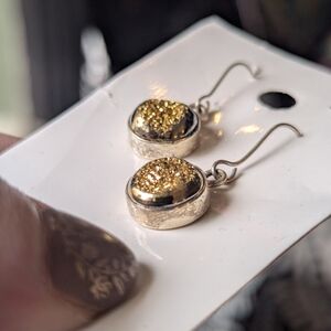 Elegant Gold Titanium Druzy In Sterling Silver Dangle Earrings